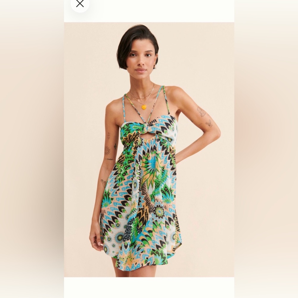 Anthropologie Daily Practice Vibrant Green & Blue Printed  Mini Dress